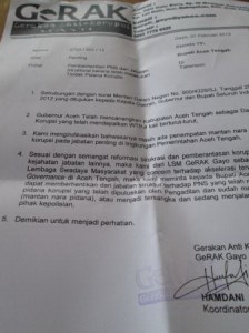 Surat GeRAK Aceh Tengah