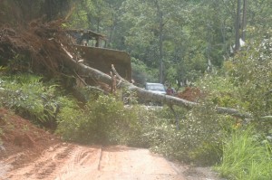 Bersihkan tumpukan longsor: Terlihat petugas dari PU Aceh Tengah membersihkan ruas jalan Linung Bulen Atu Lintang yang ditimbuni longsor.(Dok/LG)